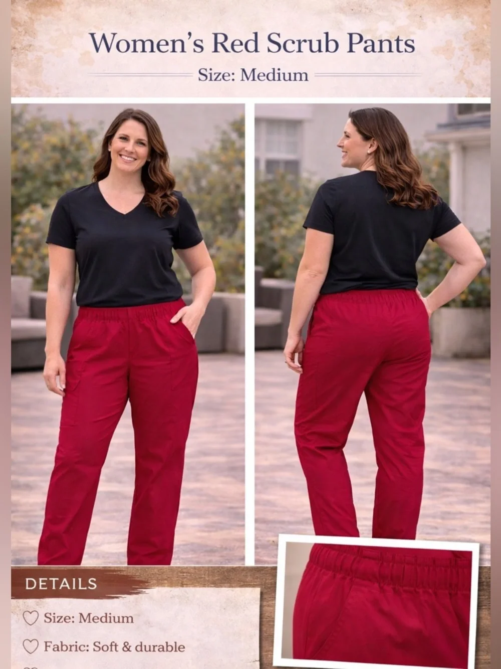 Scrub pants Red Casual Drawstring Pants with Yellow Accent MEDIUM